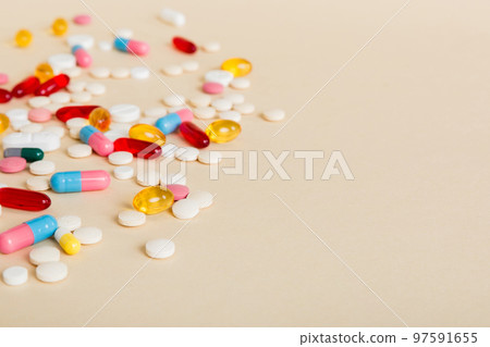 Many different colorful medication and pills perspective view. Set of many pills on colored background Many different colorful medication and pills perspective view. Set of many pills on colored background 97591655