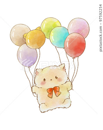 Illustration material: Cat flying with balloons in both hands (hand-painted watercolor style) 97592254