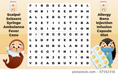 Medical word search game for kids with cute walrus patient with allergy and hedgehog doctor in hospital Medical word search game for kids with cute walrus patient with allergy and hedgehog doctor in hospital 97592356