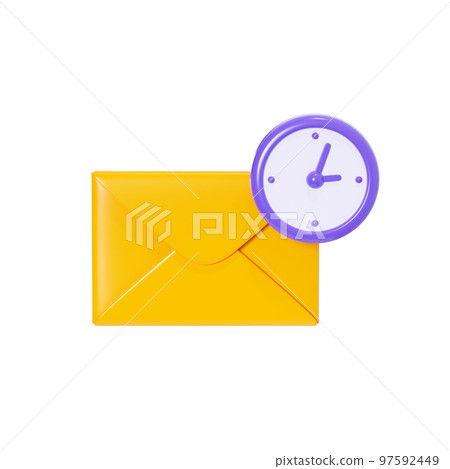 Letter 3d render - closed yellow envelope with clock isolated on white background. 97592449