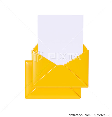 Letter 3d render - open yellow envelope with empty paper card isolated on white background. 97592452