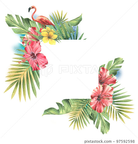 Tropical palm leaves, red hibiscus flowers, seashells and pink flamingos against the azure sea and sky. Watercolor illustration. A bright, square frame from the CUBA collection. For decoration. Tropical palm leaves, red hibiscus flowers, seashells and pink flamingos against the azure sea and sky. Watercolor illustration. A bright, square frame from the CUBA collection. For decoration. 97592598