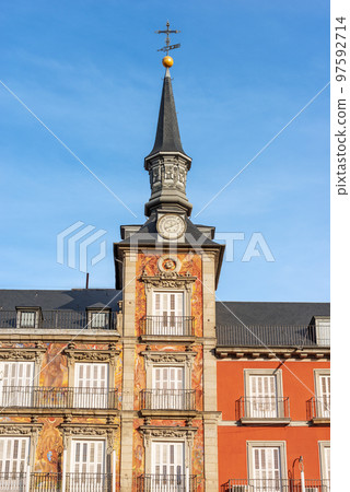 Tower of the Casa De La Panaderia in Plaza Mayor - Madrid Spain 97592714