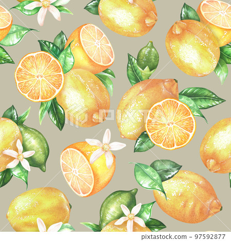 Seamless pattern of lemons with leaves. Watercolor illustration. Isolated on a beige background.For your design fabric, kitchen accessories, product packaging with citrus acid or scent 97592877