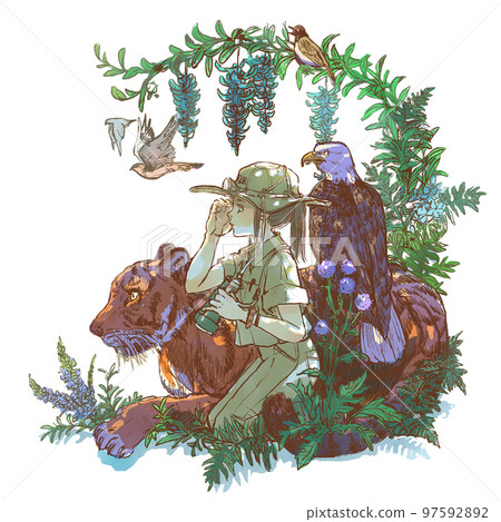 Illustration of a Ranger Girl Surrounded by Endangered Species 97592892