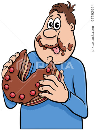 cartoon man character gorging on a delicious cake cartoon man character gorging on a delicious cake 97592964