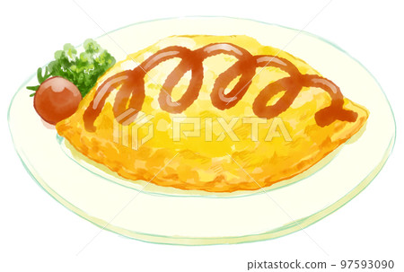 豐滿可口的番茄醬煎蛋捲飯的水彩插圖 97593090