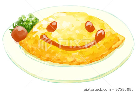 Watercolor illustration of plump and delicious omelet rice with smiling ketchup 97593093