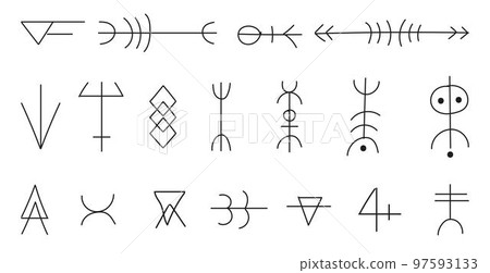 A large set of various magical symbols and signs. Esoteric elements, magic, sorcery. Hand drawn various magic objects. Vector illustration. 97593133
