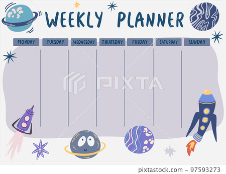 Weekly planner space. Planner with spaceships and planets. Template for sticky notes, planners, check lists, journal and other stationery. Elementary school student. Vector illustration. 97593273