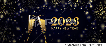 happy new year 2023 greeting card champagner and golden firework 97593896