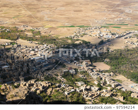 Aerial panoramic View to Shibam fortress and old city in Yemen Aerial panoramic View to Shibam fortress and old city in Yemen 97594214