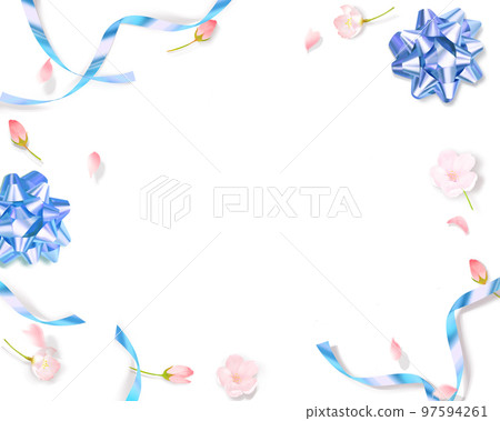 淺粉色可愛櫻花和淡藍色絲帶裝飾-白色背框背景素材 97594261