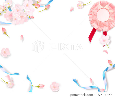 淺粉色可愛櫻花和淡藍色絲帶裝飾-白色背框背景素材 97594262