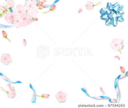 淺粉色可愛櫻花和淡藍色絲帶裝飾-白色背框背景素材 97594263