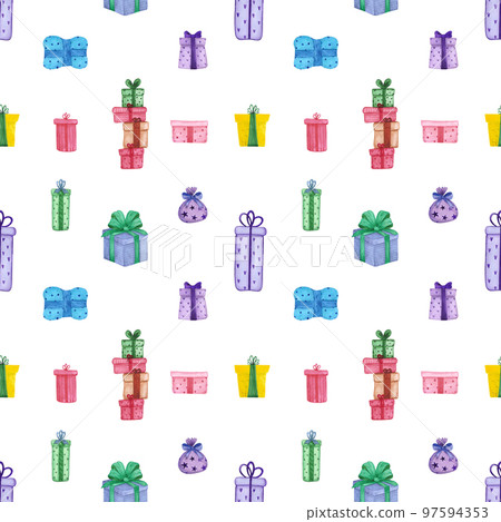 Hand drawn watercolor christmas presents seamless pattern. Christmass and New Year symbol, decorative element. Scrapbook, textile, fabric, banner, post card. 97594353