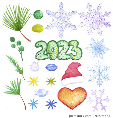 Hand drawn watercolor christmas elements. Christmass and New Year symbol, decorative element. Scrapbook, poster, label, banner, post card. 97594354