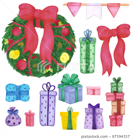 Hand drawn watercolor christmas elements. Christmass and New Year symbol, decorative element. Scrapbook, poster, label, banner, post card. 97594357