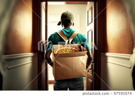 Courier with pizza bag opening door view from back food delivery Courier with pizza bag opening door view from back food delivery 97595074