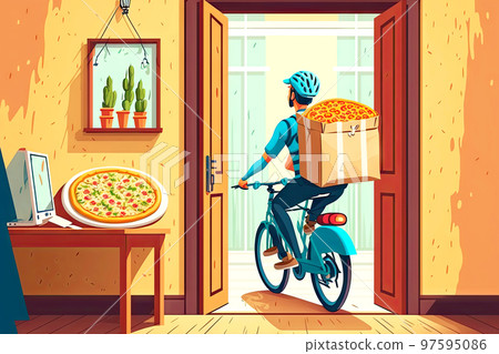 Pizza delivery man on bicycle who has taken order and carries dishes to customer food delivery Pizza delivery man on bicycle who has taken order and carries dishes to customer food delivery 97595086