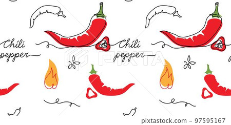 Chili pepper, red hot pepper seamless pattern. One continuous line art drawing design of chili pepper pattern 97595167