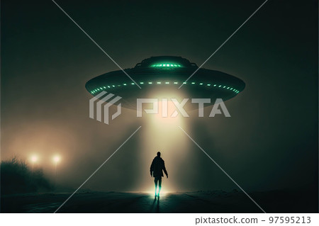 Night mysterious landscape with alien ufo and man figure in beam lights Night mysterious landscape with alien ufo and man figure in beam lights 97595213