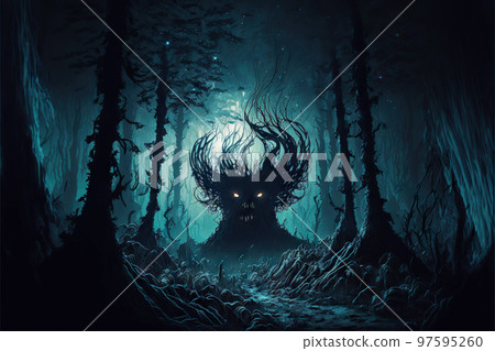 Scary alien monster in fog night forest, fantasy, fear and horror Scary alien monster in fog night forest, fantasy, fear and horror 97595260