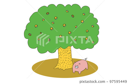 在樹蔭下休息的存錢罐的金錢樹插圖 在樹蔭下休息的存錢罐的金錢樹插圖 97595449