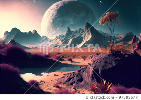 Desert planet with alien objects in the sky Desert planet with alien objects in the sky 97595677