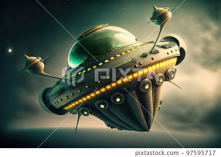 Science fiction artwork of alien spacecraft flying in dramatic cloudy sky 97595717