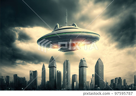 Huge alien UFO in cloudy sky over city Huge alien UFO in cloudy sky over city 97595787