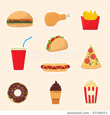 Fast Food Set. Vector collection of fast food icons in cartoon style. Fast Food Set. Vector collection of fast food icons in cartoon style. 97596053