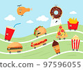 Fast Food Set. Vector collection of fast food icons with wheels in cartoon style. 97596055