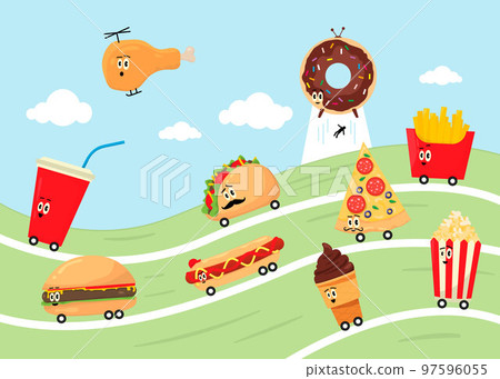 Fast Food Set. Vector collection of fast food icons with wheels in cartoon style. 97596055