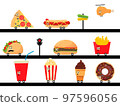 Fast Food Set. Vector collection of fast food icons with wheels in cartoon style. 97596056