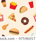 Seamless pattern of fast food icons in cartoon style 97596057