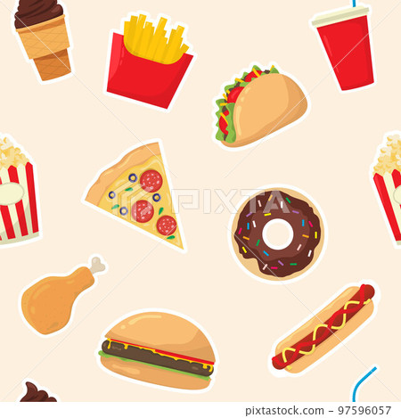 Seamless pattern of fast food icons in cartoon style Seamless pattern of fast food icons in cartoon style 97596057