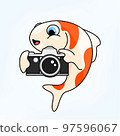Koi fish taking a photograph using a vintage camera 97596067