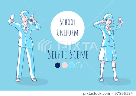 穿著校服自拍的初中或高中的女孩和男孩。 97596154