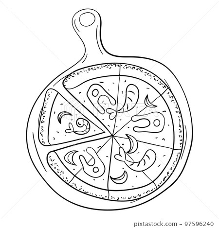 pizza with seafood on a round board line art vector 97596240
