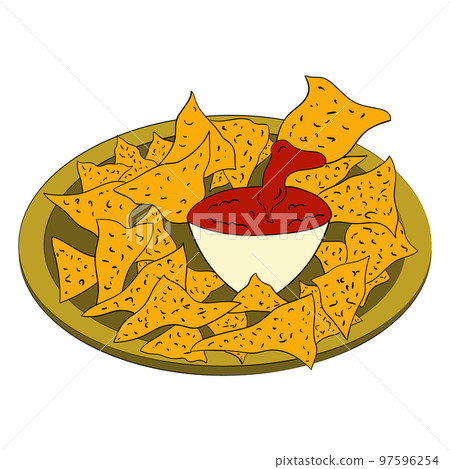 Nachos chips with sauce. A traditional dish of Mexican Cuisine. 97596254