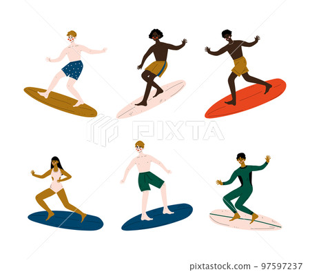 People Surfer with Surfboard Riding on Moving Wave Vector Set 97597237