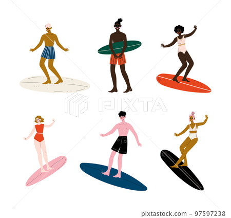 People Surfer with Surfboard Riding on Moving Wave Vector Set 97597238