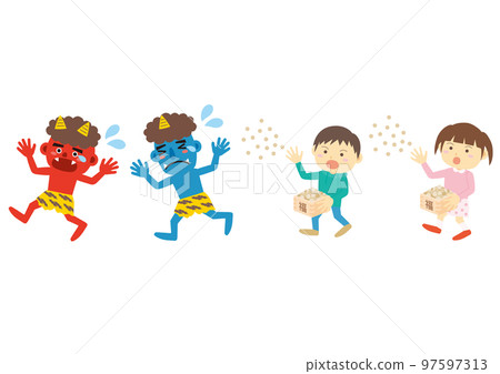 Illustration of a kid who throws beans on Setsubun and a demon running away 97597313