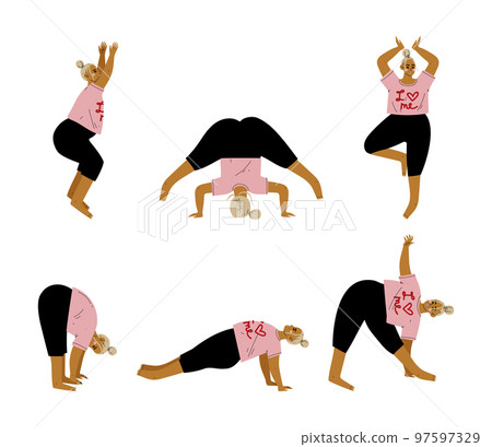 Plus Size Woman in Pink Sweatshirt Doing Yoga Standing in Asana Vector Set Plus Size Woman in Pink Sweatshirt Doing Yoga Standing in Asana Vector Set 97597329