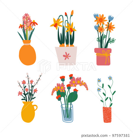 Vase with Flower Bunch or Bouquet as Home Botany Decor Vector Set Vase with Flower Bunch or Bouquet as Home Botany Decor Vector Set 97597381