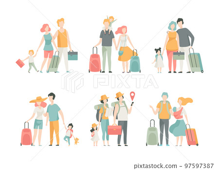 Family Travelling with Kids Pulling Suitcase Holding Child by Hand Vector Set 97597387