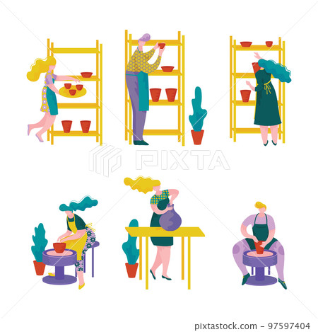 Pottery Workshop with Man and Woman Ceramist Forming Vessel of Clay and Ceramic Material Vector Set Pottery Workshop with Man and Woman Ceramist Forming Vessel of Clay and Ceramic Material Vector Set 97597404