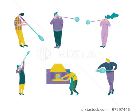 People Characters Glass Blower Inflating Molten Glass into Bubble Vector Set 97597446