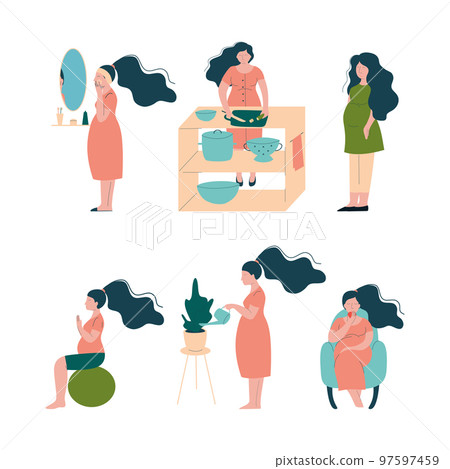 Pregnant Woman Lifestyle with Happy Expectant Mother During Pregnancy Vector Set 97597459